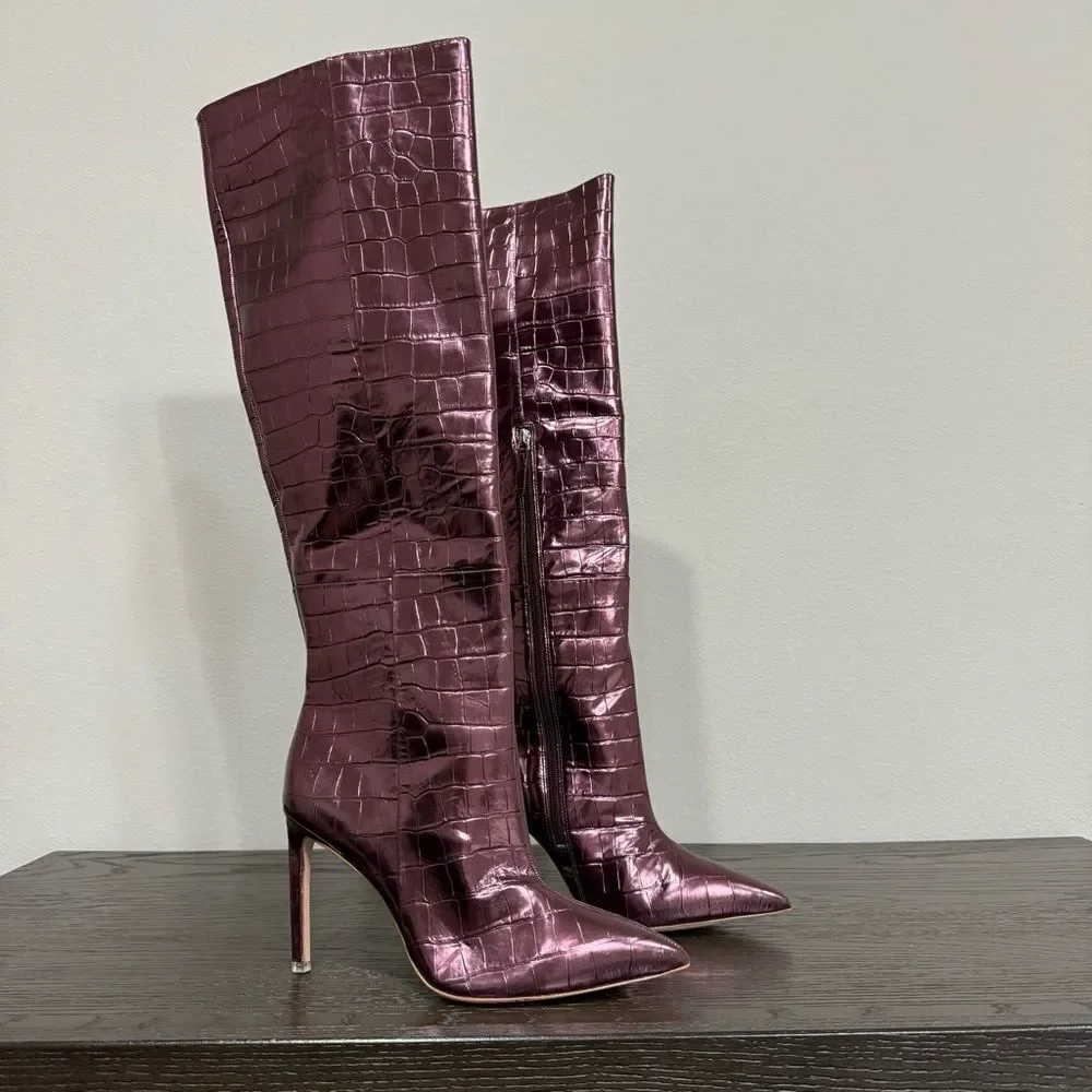 BLACK SUEDE STUDIO Tall Stiletto‎ Boot Croc Embossed Point Toe Oxblood Metallic